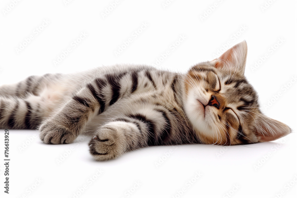 Fototapeta premium Cute striped cat lying on the couch and looking at the camera