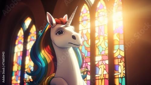 unicorn in church. a horse prays near a stained glass window. faith hope. animal folded his hands in prayer photo