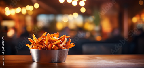 Sweet potato fries, blurred background, restaurant ambiance, space for text photo