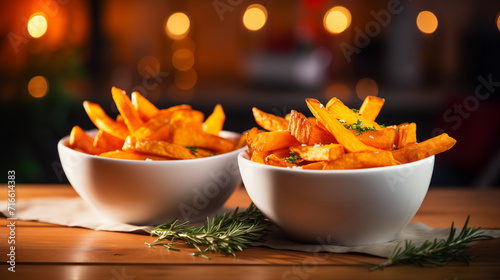 Sweet potato fries for two served in beautiful bowls  a couple  blurred background  restaurant ambiance  