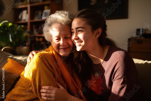 A teenage girl with grandma at home, hugging. Happy grandmother and loving grandkid child enjoying weekend, family leisure, close warm relationship