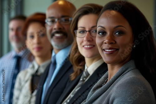 diverse group of employees posing for a professional corporate portrait, modern office
