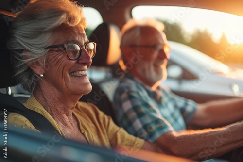 An elderly couple goes on a trip in their car