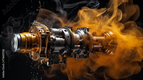 a running wound-up internal combustion engine is isolated on a black background, there is smoke, a car spare part is fictional graphics