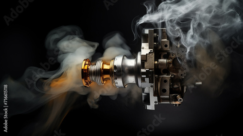 a running wound-up internal combustion engine is isolated on a black background, there is smoke, a car spare part is fictional graphics