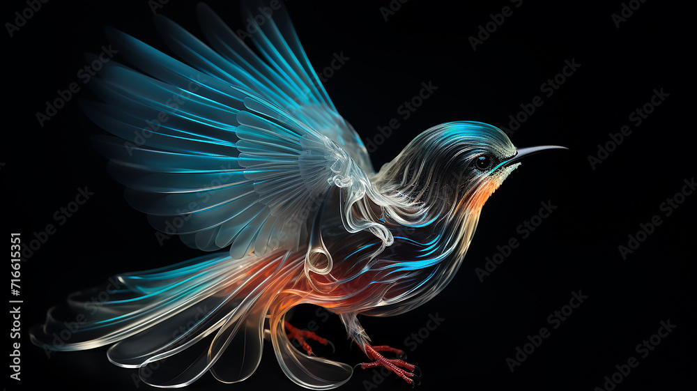 a small bird on a black background, glass transparent sculpture isolated on a black background, luminous luminescent colors a small bird on a black background, glass transparent sculpture isolated on a black background, luminous luminescent colors