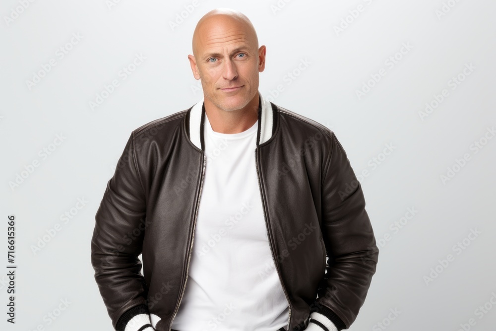 Portrait of a content man in his 40s sporting a stylish varsity jacket against a white background. AI Generation Portrait of a content man in his 40s sporting a stylish varsity jacket against a white background. AI Generation