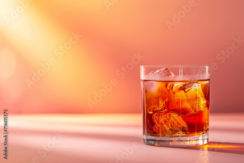 Glass of negroni, minimalist background, space for text. Peach color background. Cocktail in old fashion. Red vermouth, campari, gin. photo