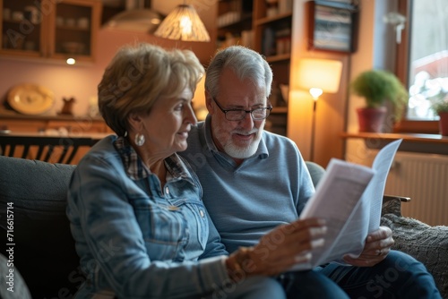 Satisfied elderly middle-aged couple reading newspaper