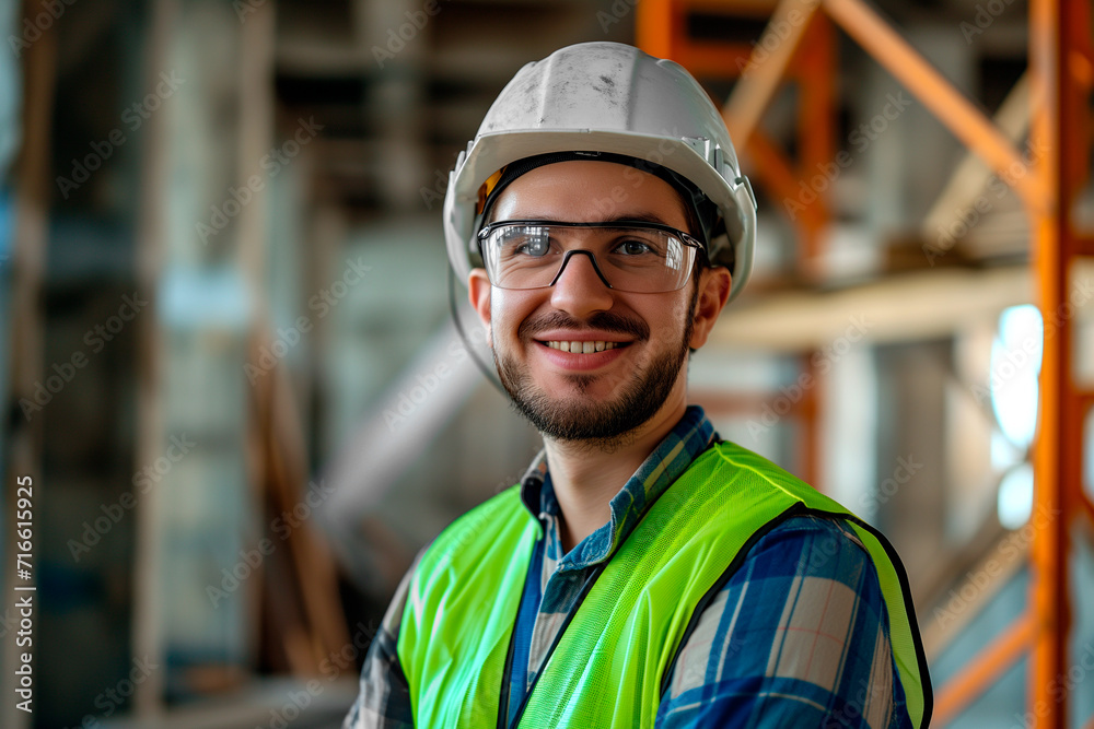 Engineer in helmet smiling inside a construction building Engineer in helmet smiling inside a construction building