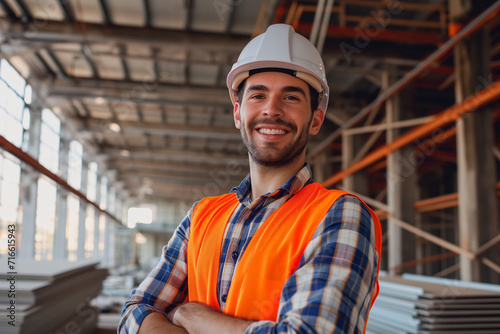 Engineer in helmet smiling inside a construction building