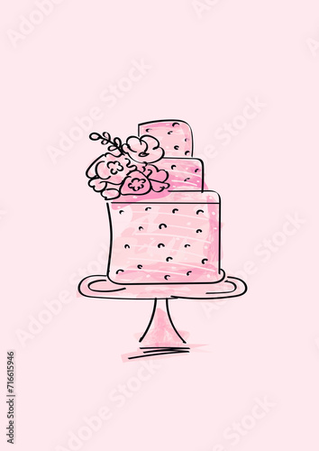 Continuous line drawing of cake on bright background. Celebration concept.