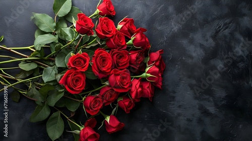 Valentines Day background with red roses and hearts on black background