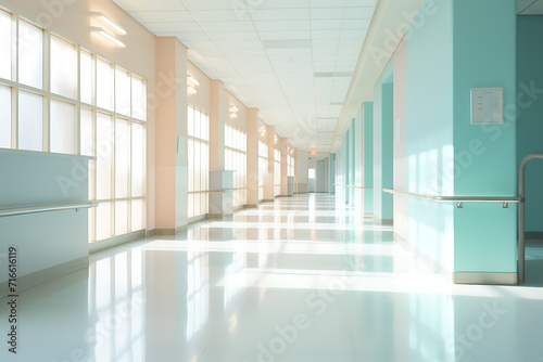 hospital corridor with light shining through glass  in the style of soft pastel colors  medical themes.