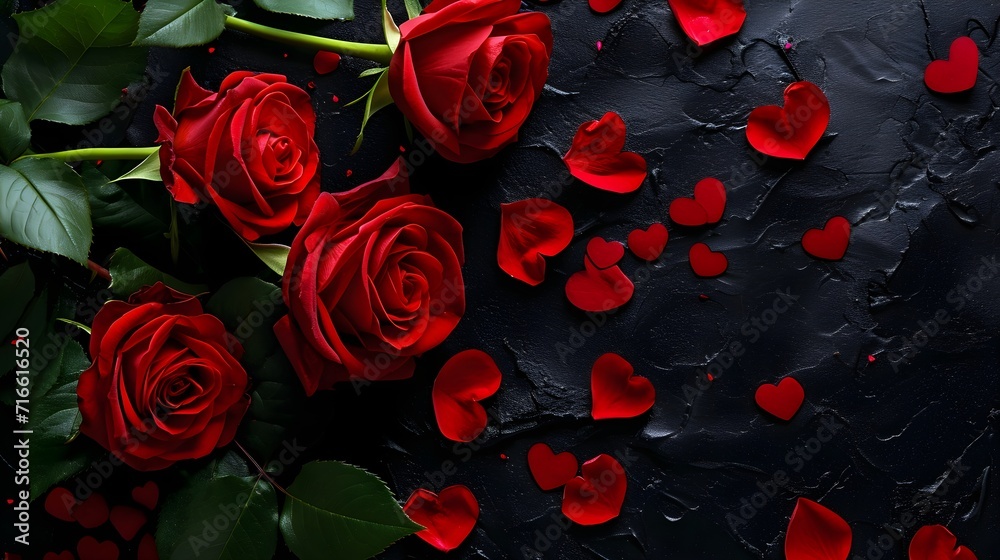 Valentines Day background with red roses and hearts on black background