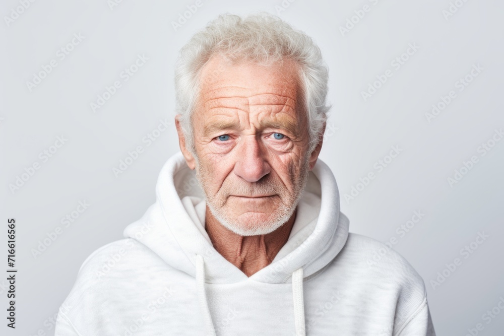 Portrait of a content man in his 70s wearing a thermal fleece pullover against a white background. AI Generation Portrait of a content man in his 70s wearing a thermal fleece pullover against a white background. AI Generation