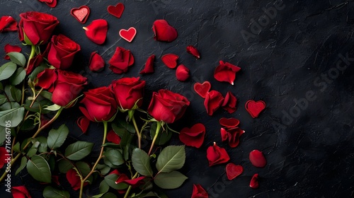 Valentines Day background with red roses and hearts on black background © zakariastts