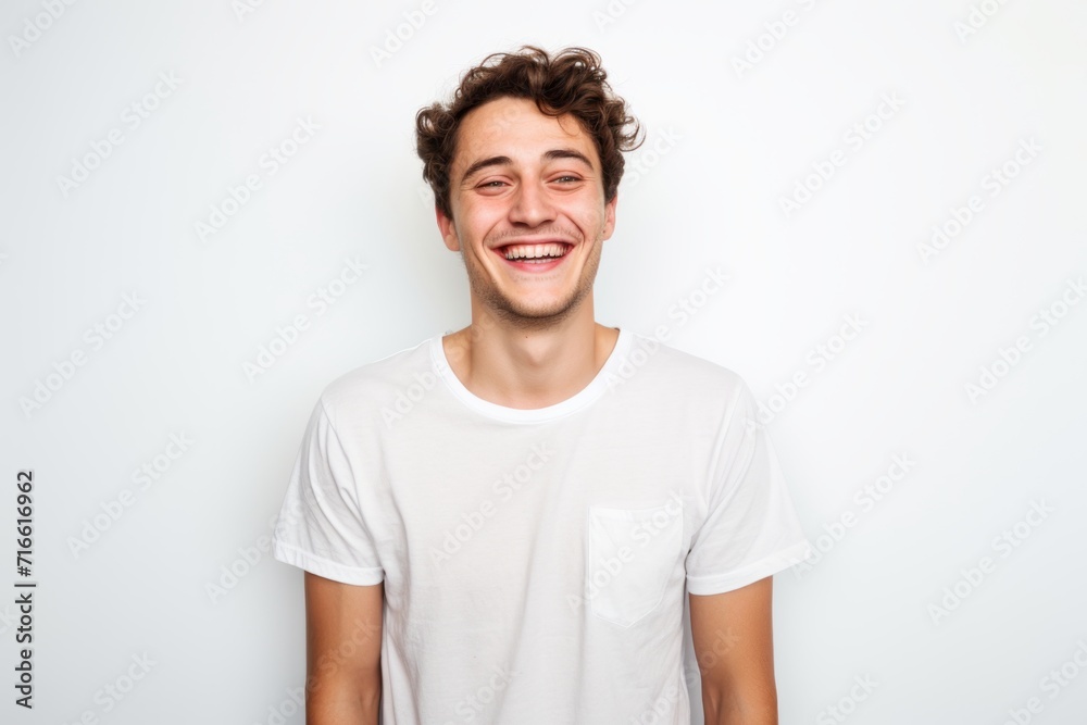 Portrait of a happy man in his 20s dressed in a casual t-shirt against a white background. AI Generation Portrait of a happy man in his 20s dressed in a casual t-shirt against a white background. AI Generation