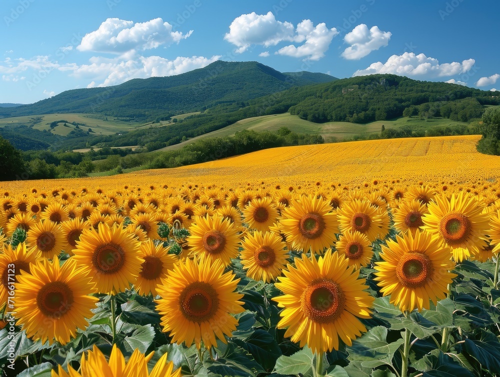 Fototapeta premium A majestic field of sunflowers bask under the vibrant summer sky, surrounded by rolling hills and distant mountains, creating a picturesque landscape filled with natural beauty and warmth