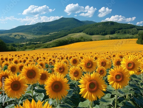 A majestic field of sunflowers bask under the vibrant summer sky, surrounded by rolling hills and distant mountains, creating a picturesque landscape filled with natural beauty and warmth