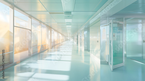 hospital corridor with light shining through glass  in the style of soft pastel colors  medical themes. 