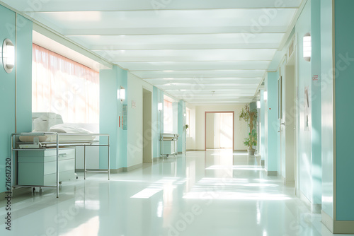 hospital corridor with light shining through glass  in the style of soft pastel colors  medical themes. 