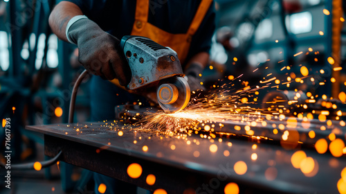 Man working with angle grinder and polishing metal with sparks © KEA