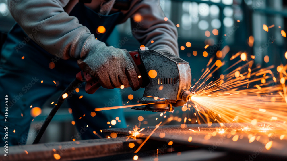 Man working with angle grinder and polishing metal with sparks - obrazy, fototapety, plakaty 
