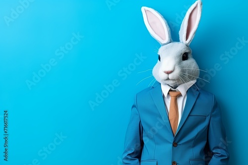 animal rabbit concept Anthromophic friendly rabbit wearing suite formal business suit pretending to work in coporate workplace studio shot on plain color wall