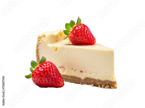 A piece of vanilla cheesecake with strawberries in PNG format or on a transparent background. Decoration and design element for a project, banner, postcard, business. Fresh dessert. Sweet berry cake.