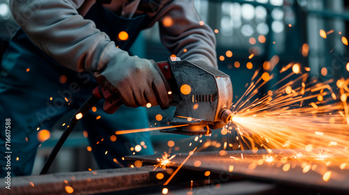 Man working with angle grinder and polishing metal with sparks photo