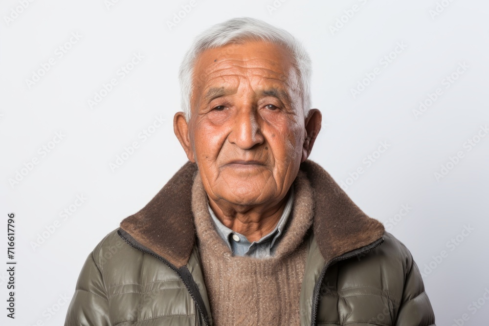 Portrait of a glad indian elderly man in his 90s sporting a quilted insulated jacket against a white background. AI Generation Portrait of a glad indian elderly man in his 90s sporting a quilted insulated jacket against a white background. AI Generation