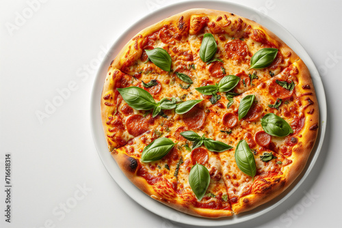 Pizza Margarita on a white plate, white background, top view, flat lay, copy paste