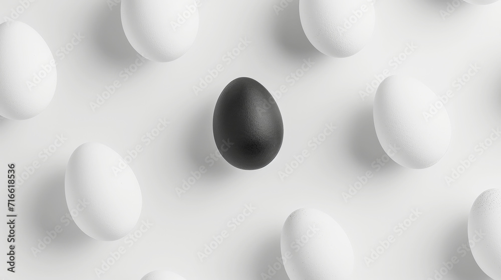 Aesthetic flat lay of white eggs with one black egg White background. Creative accent concept. Copy space. Generative AI