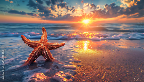 a small starfish sits on the beach during sunset
