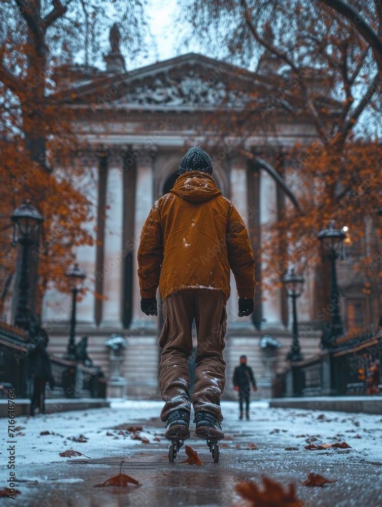 A solitary figure braves the winter cold, wrapped in a coat and hat, walking down a snowy sidewalk lined with bare trees and towering buildings, their boots crunching on the icy ground as the city sl
