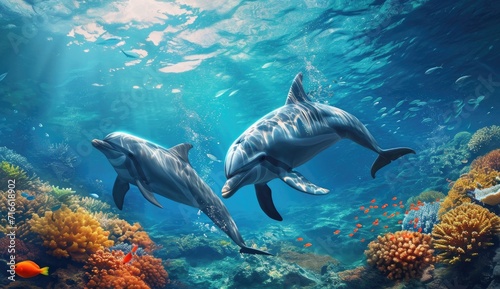 Dolphins are swimming under coral reefs in the ocean photo