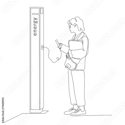 Woman charging phone at street energy point. Holding folder and using mobile. Single line drawing. Vector illustration in line art style.
