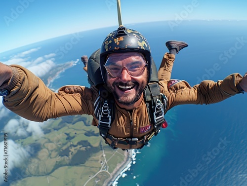 A thrill-seeker dives into the open sky, clad in a helmet and parachute, ready for an unforgettable adventure of outdoor recreation and extreme sport as he tandem skydives above majestic mountains photo