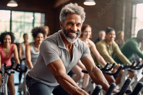 Sporty mature African man engages in cardio training while cycling on a stationary bike, surrounded by a diverse group of people.