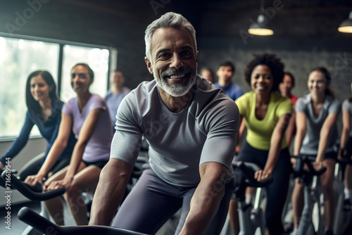Fit mature african american man in sportswear riding stationary bike during cycling class in a gym with a diverse group of people.