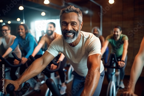 Sporty mature African American man in workout attire cycles on a stationary bike in a diverse gym class with others.