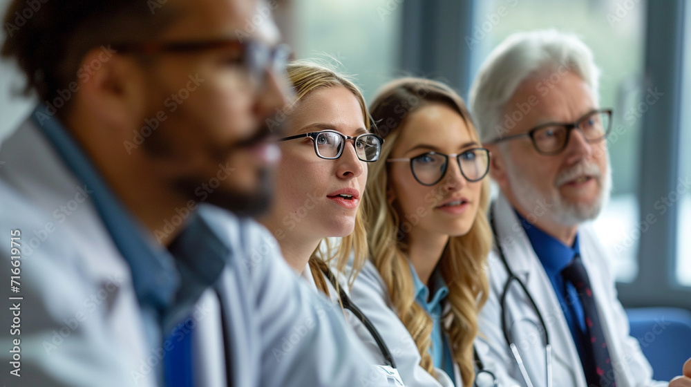 A group of interns engaging in a collaborative discussion with a senior doctor during a medical conference. The diverse exchange of ideas and knowledge showcases the continuous lea - obrazy, fototapety, plakaty 