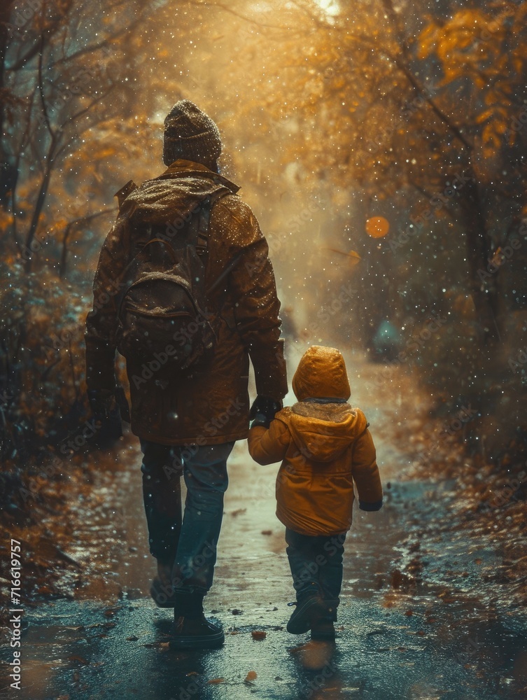 A father and his young child brave the winter chill, bundled up in warm clothing as they explore the snowy landscape on their peaceful hike
