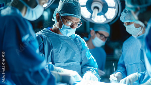 A skilled surgeon leading a complex procedure in an operating room, with focused interns assisting. The sterile environment and precision of the medical team highlight the dedicati photo
