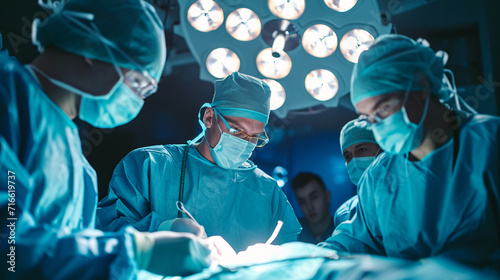 A skilled surgeon leading a complex procedure in an operating room, with focused interns assisting. The sterile environment and precision of the medical team highlight the dedicati