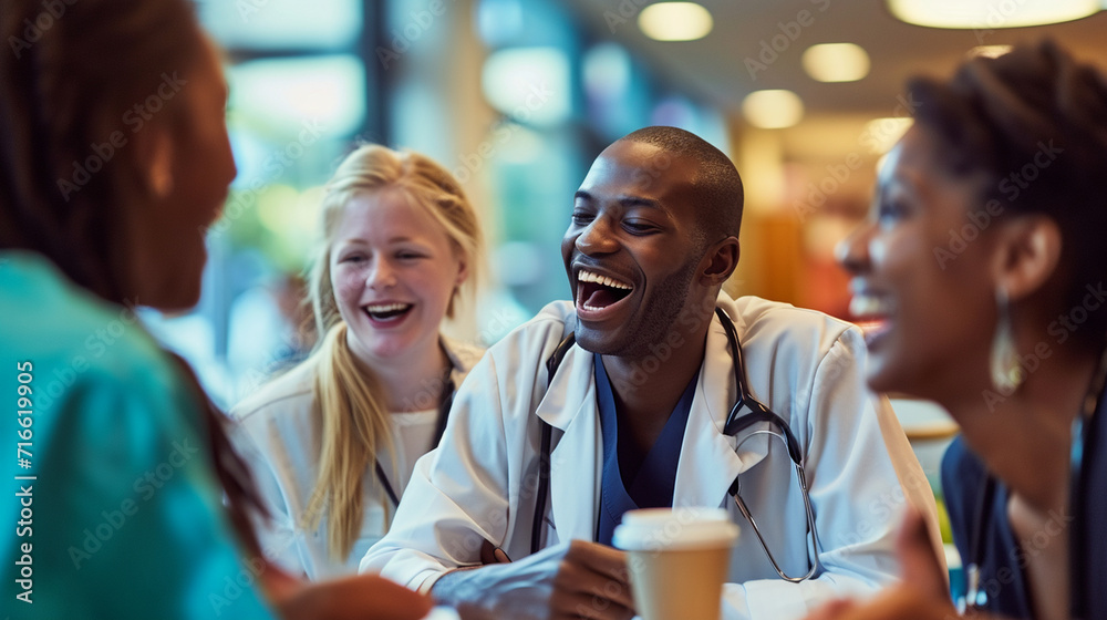 A doctor and interns in a light-hearted moment during a break, sharing a laugh in the hospital cafeteria. The camaraderie and support within the medical community are reflected in A doctor and interns in a light-hearted moment during a break, sharing a laugh in the hospital cafeteria. The camaraderie and support within the medical community are reflected in