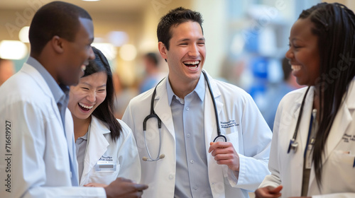 A doctor and interns in a light-hearted moment during a break  sharing a laugh in the hospital cafeteria. The camaraderie and support within the medical community are reflected in
