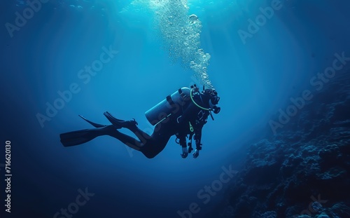 A skilled divemaster gracefully explores the mesmerizing depths of the ocean, donning essential scuba equipment such as an oxygen mask, finswimming with ease in a buoyancy compensator, while the wate