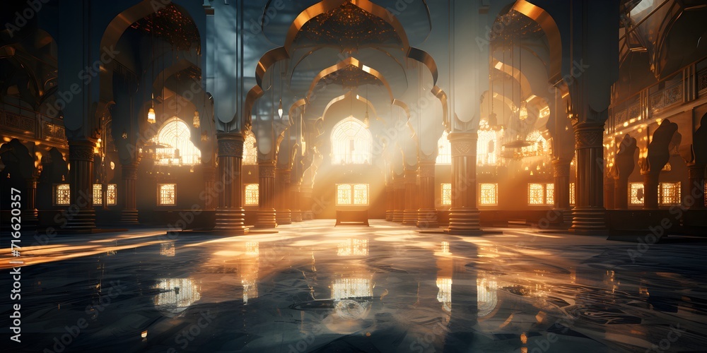 Islamic mosque interior architecture. Celebration of Ramadan Kareem